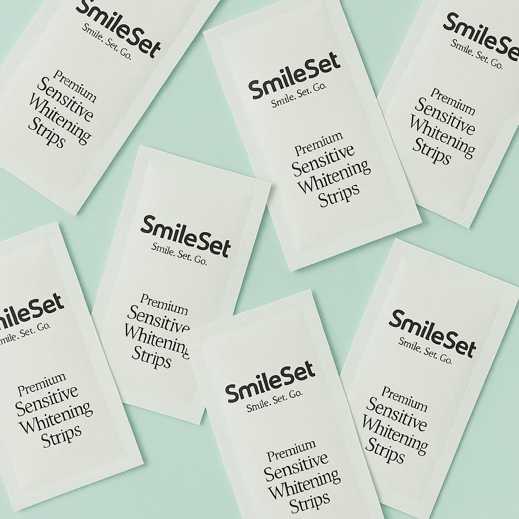 SmileSet whitening strips packaging showcases enamel-safe formula for at-home use.