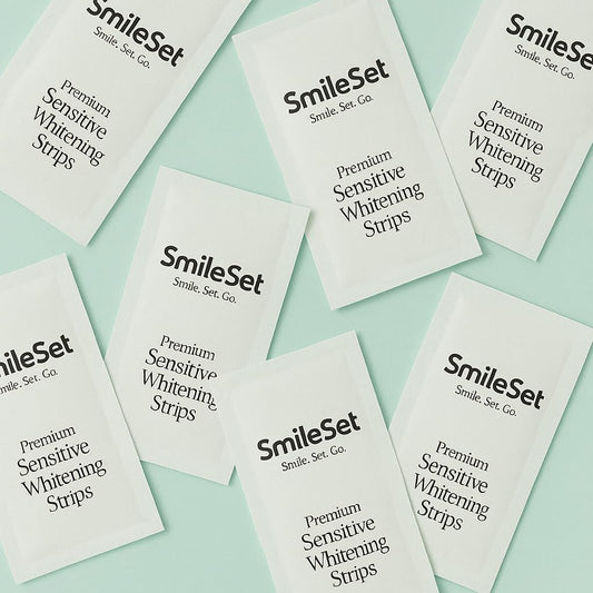 SmileSet whitening strips packaging showcases enamel-safe formula for at-home use.