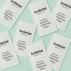 SmileSet whitening strips packaging showcases enamel-safe formula for at-home use.