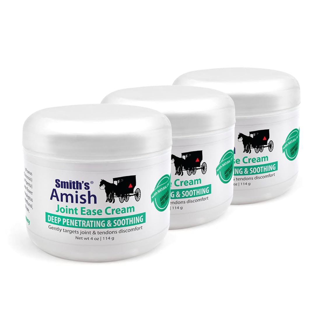 Smith Amish JointEase three-pack bottles shown for soothing, non-greasy relief after activity.