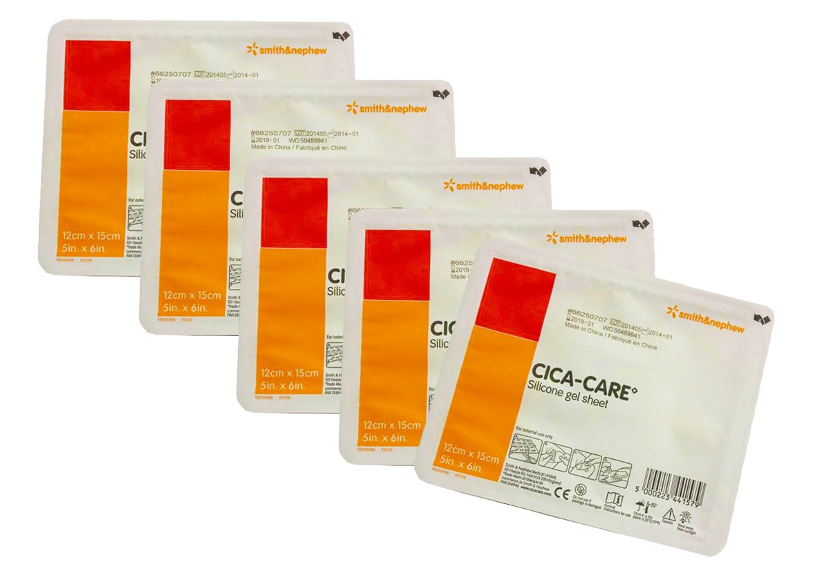 Smith & Nephew Cica Care silicone gel sheet for scar management; sterile 5-pack.