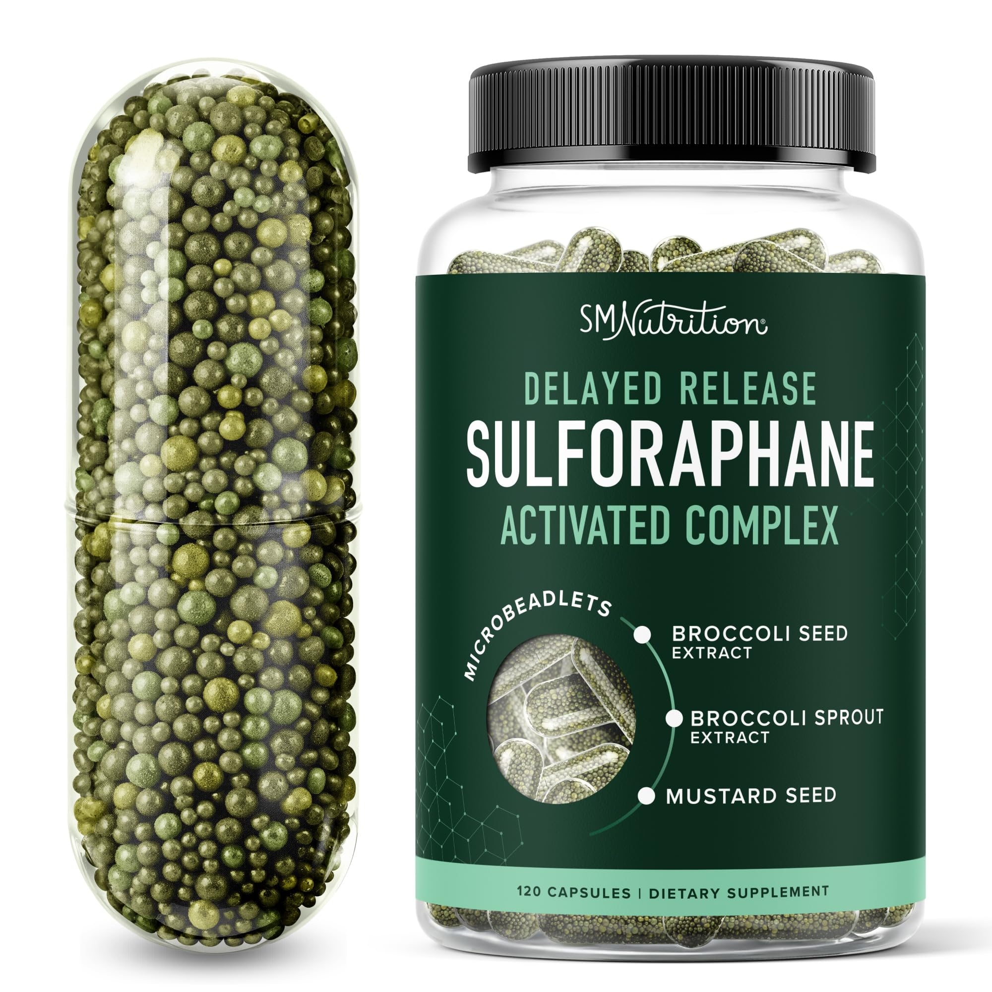 SMNutrition bottle showing 50mg sulforaphane with broccoli sprouts for cellular support.