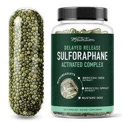 SMNutrition bottle showing 50mg sulforaphane with broccoli sprouts for cellular support.