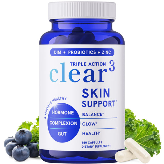 SMNutrition Clear Skin bottle front with 180 capsules for balanced skin support.
