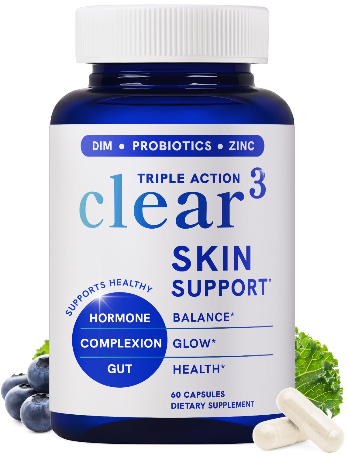 SMNutrition Clear Skin bottle with capsules supporting balanced skin.