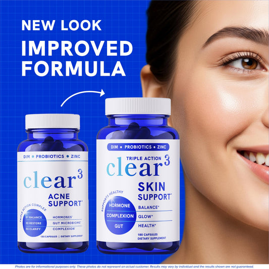 SMNutrition Clear Skin capsules close-up showing compact pills.