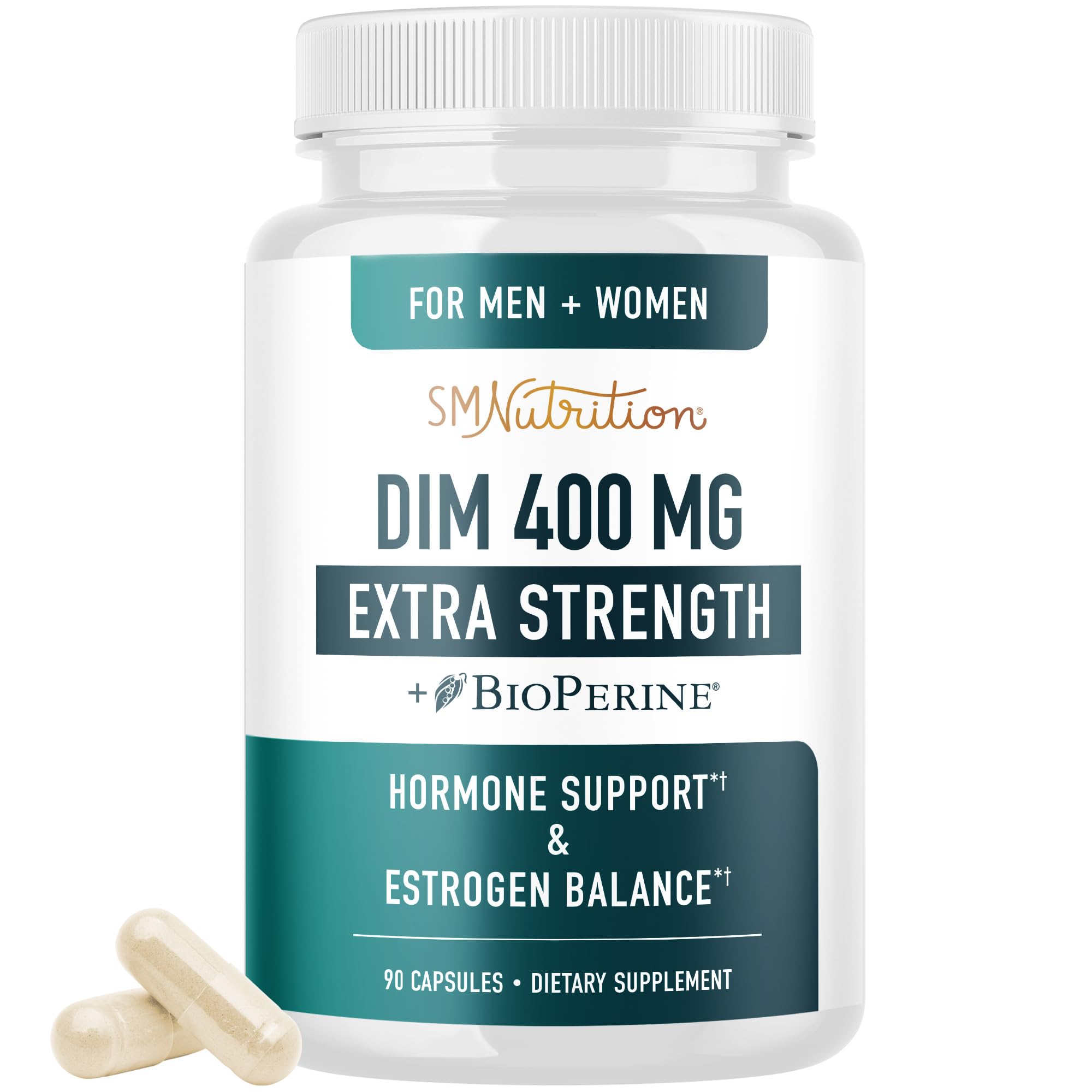 SMNutrition DIM 400mg bottle showing a 90-count supply for potential hormone balance