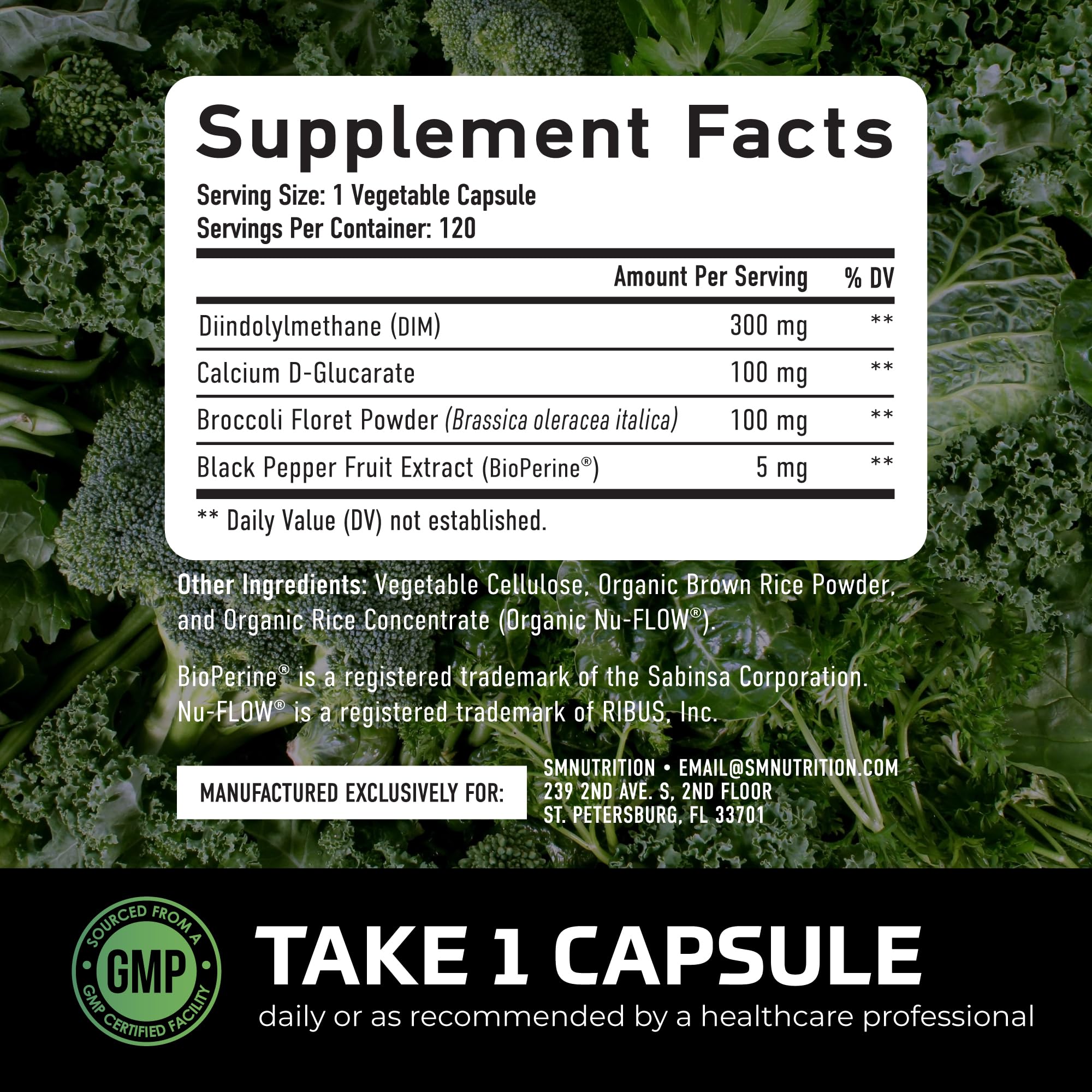 SMNutrition DIM bottle beside broccoli florets hinting at natural ingredients