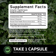 SMNutrition DIM bottle beside broccoli florets hinting at natural ingredients