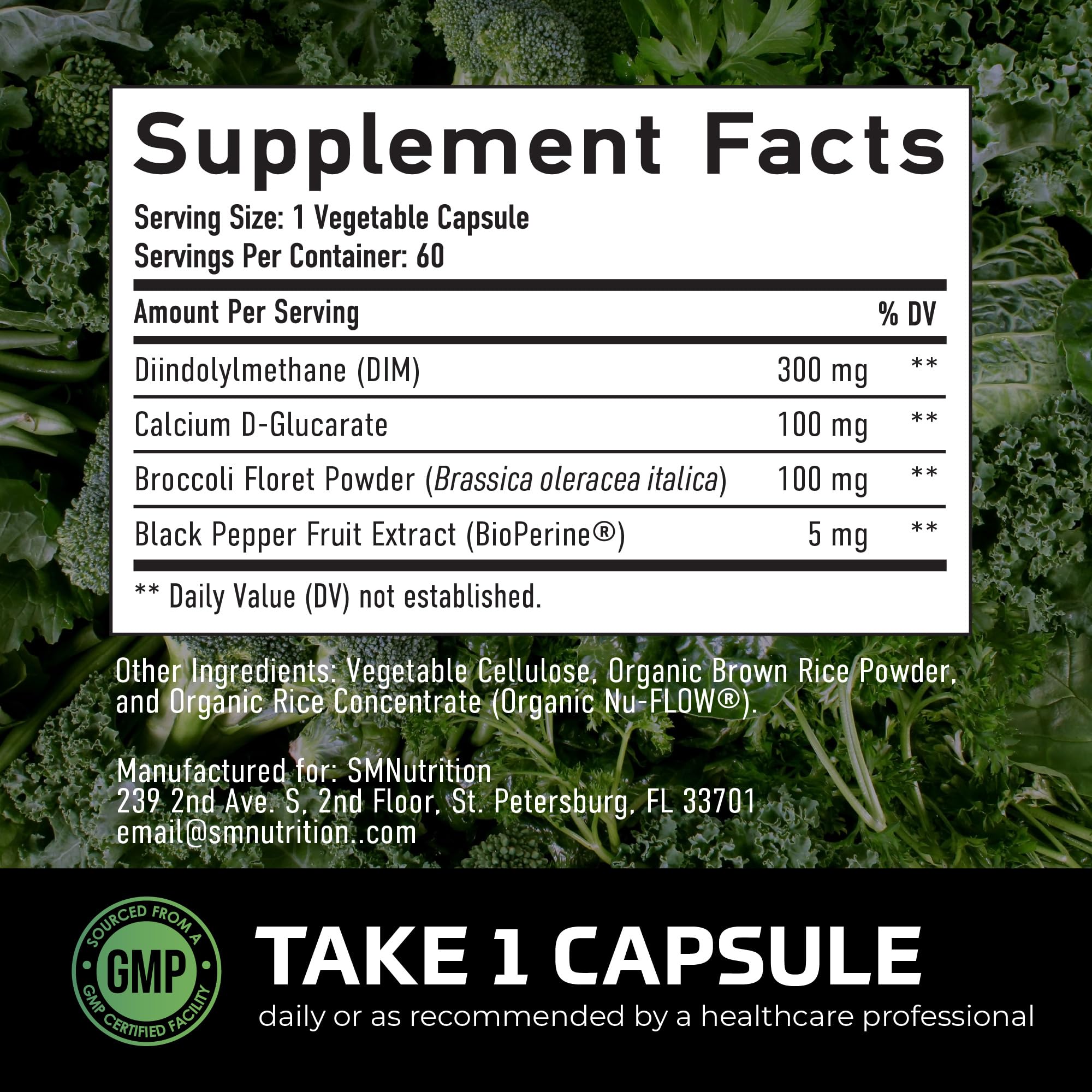 SMNutrition DIM for Men ingredient panel listing DIM CDG and BioPerine