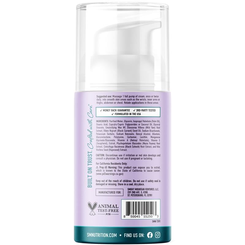 SMNutrition Estro-Life cream pump dispensing close-up for controlled application.