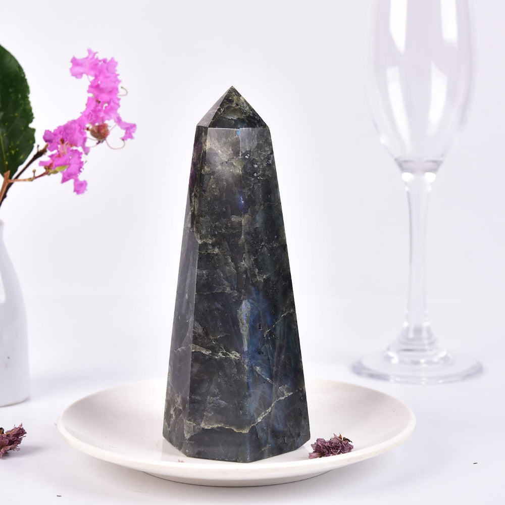 SMOHEAL Labradorite crystal tower placed in a grid use for energy focus