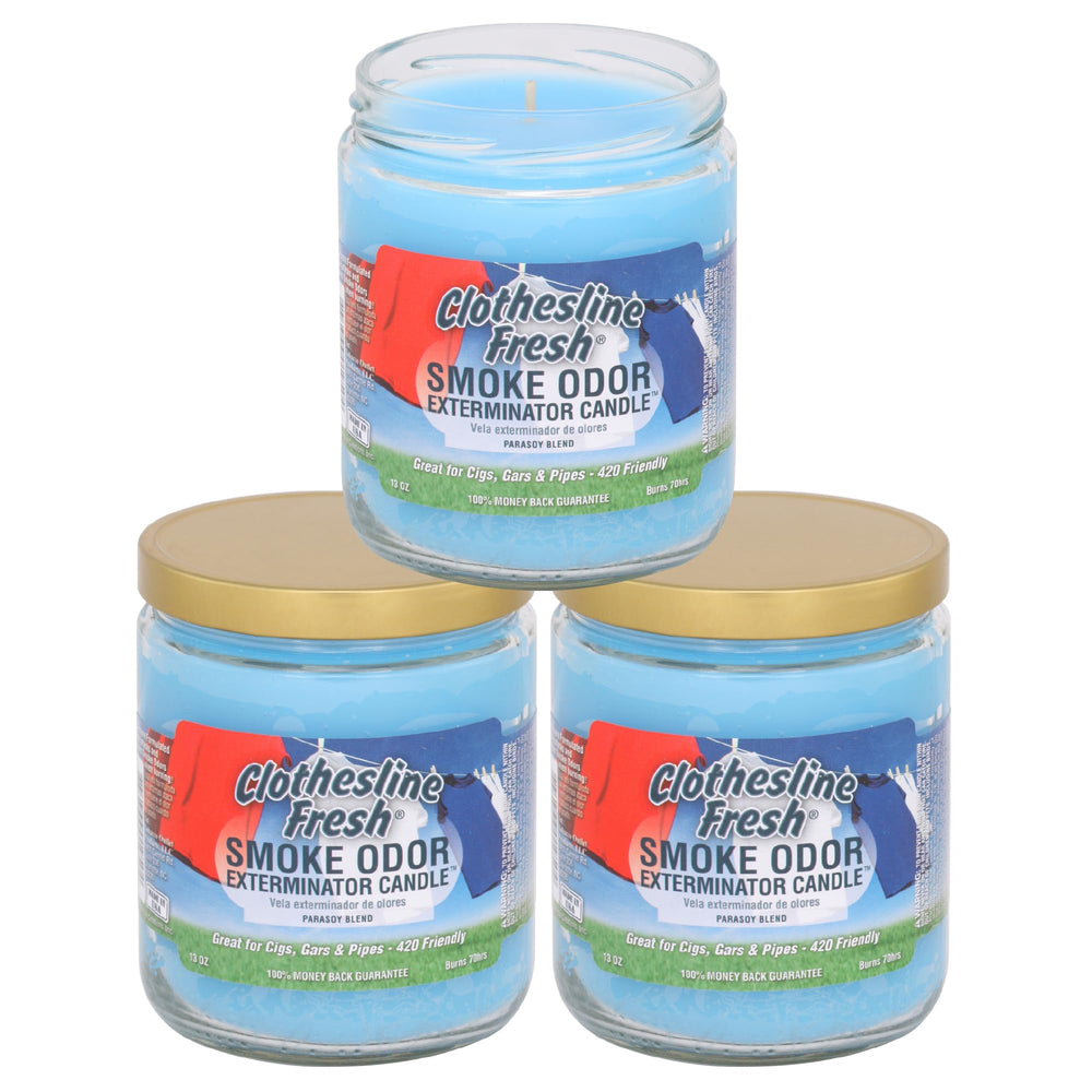 Smoke Odor Exterminator 13oz jar candle in Clothesline Fresh neutralizes odors while delivering a clean scent.