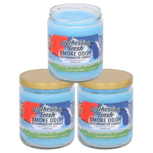 Smoke Odor Exterminator 13oz jar candle in Clothesline Fresh neutralizes odors while delivering a clean scent.