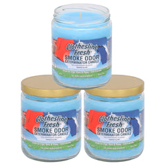 Smoke Odor Exterminator 13oz jar candle in Clothesline Fresh neutralizes odors while delivering a clean scent.