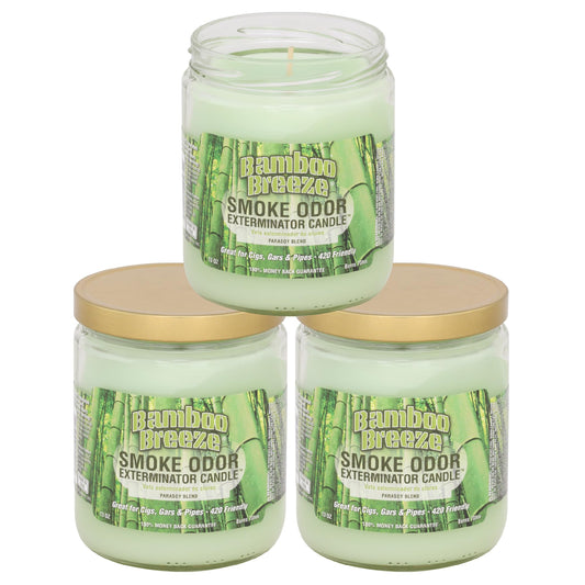 Smoke Odor Exterminator Bamboo Breeze jar candle that freshens spaces and masks odors.