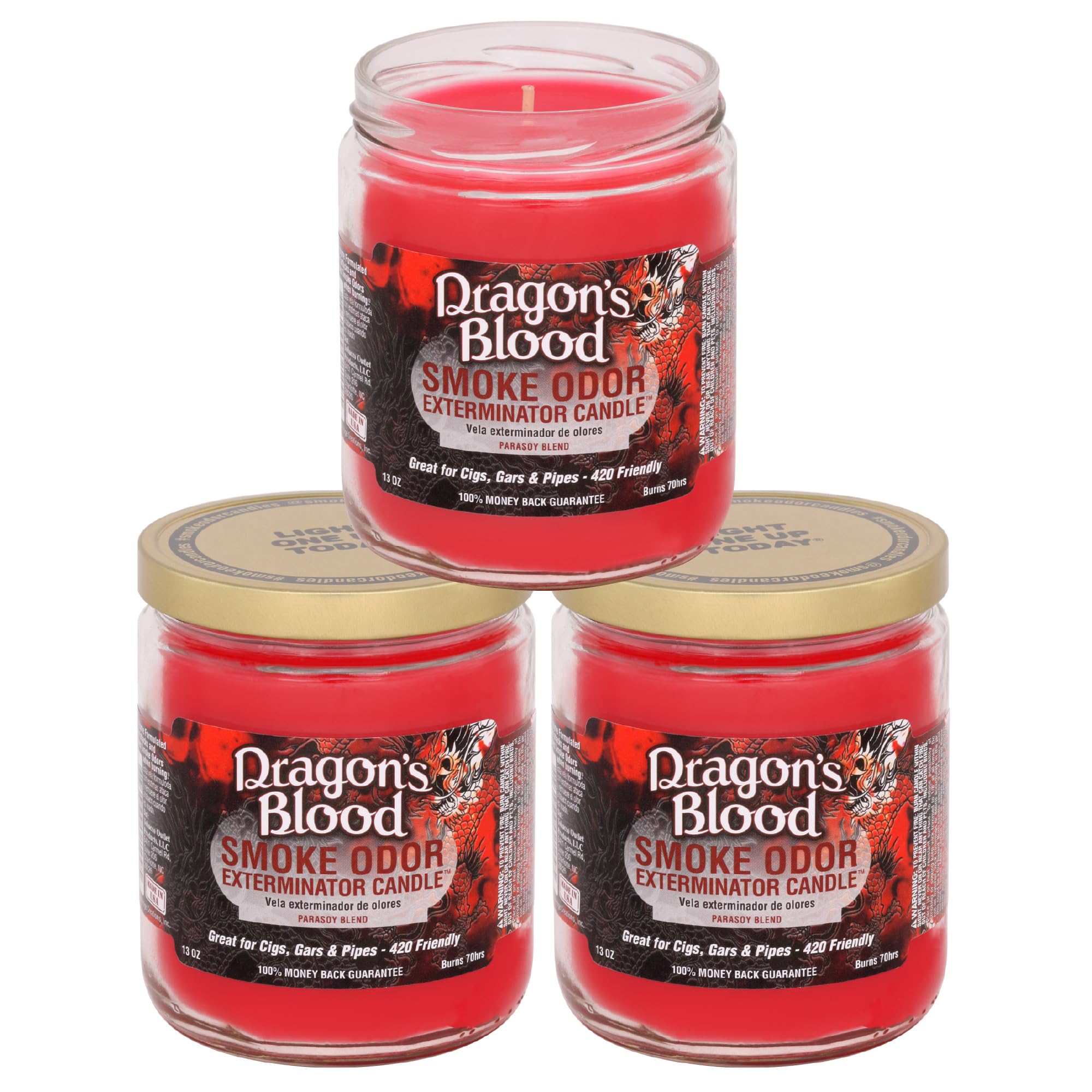 Smoke Odor Exterminator Dragon's Blood 13 oz jar candle for smoke and pet odor control.
