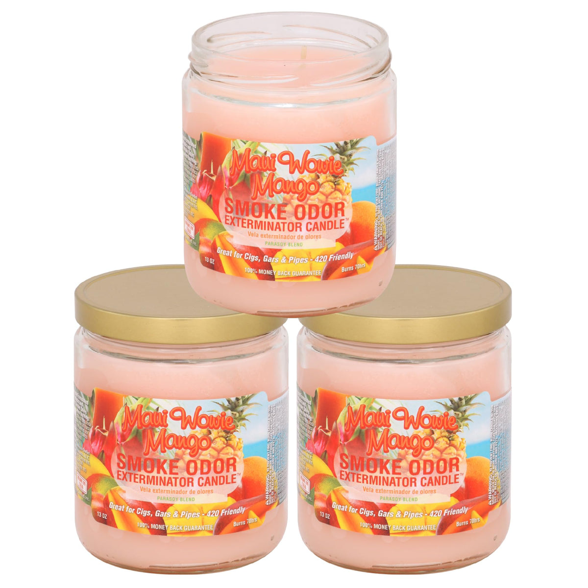 Smoke Odor Exterminator Maui Wowie Mango candle neutralizes smoke and pet odors while adding a tropical aroma.
