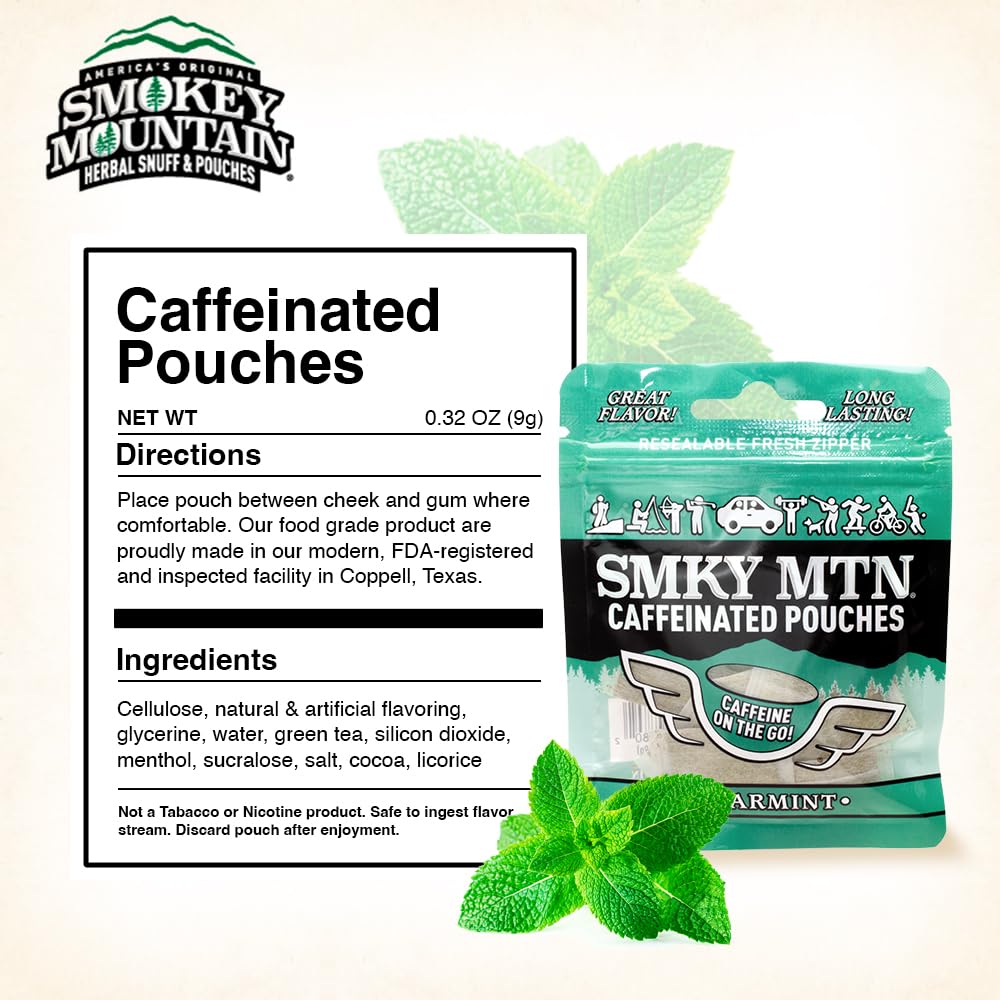 Close-up of Smokey Mountain Spearmint pouch texture and green tea ingredients
