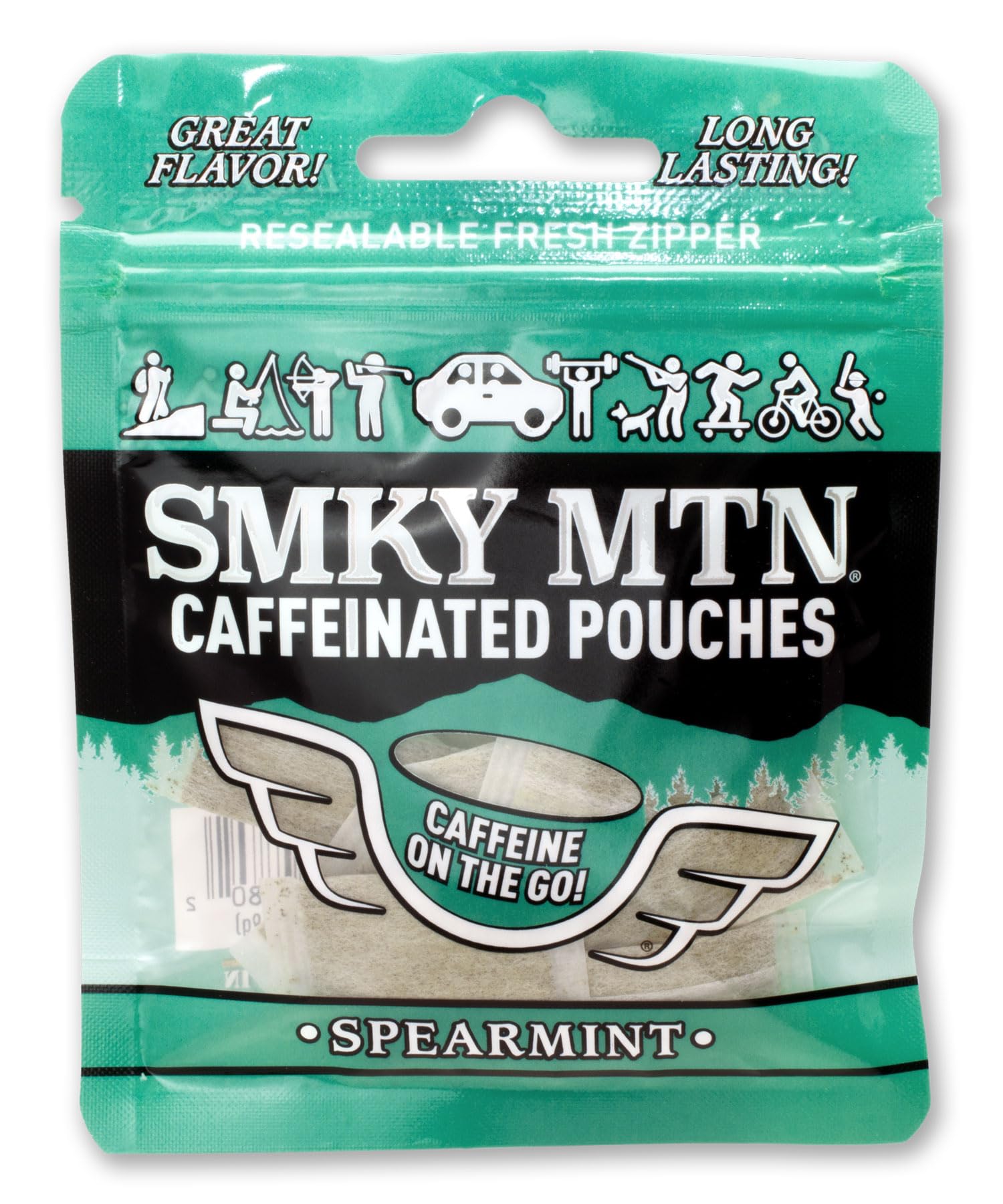 Smokey Mountain Spearmint caffeinated pouches front packaging for on-the-go energy