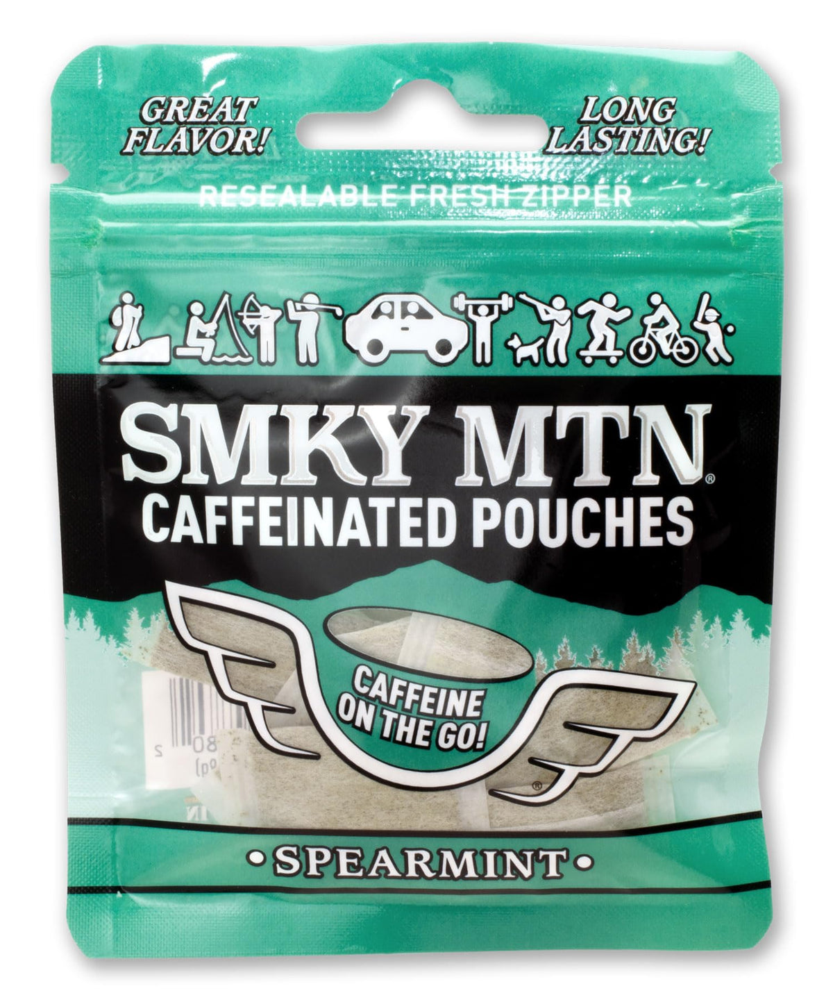 Smokey Mountain Spearmint caffeinated pouches front packaging for on-the-go energy
