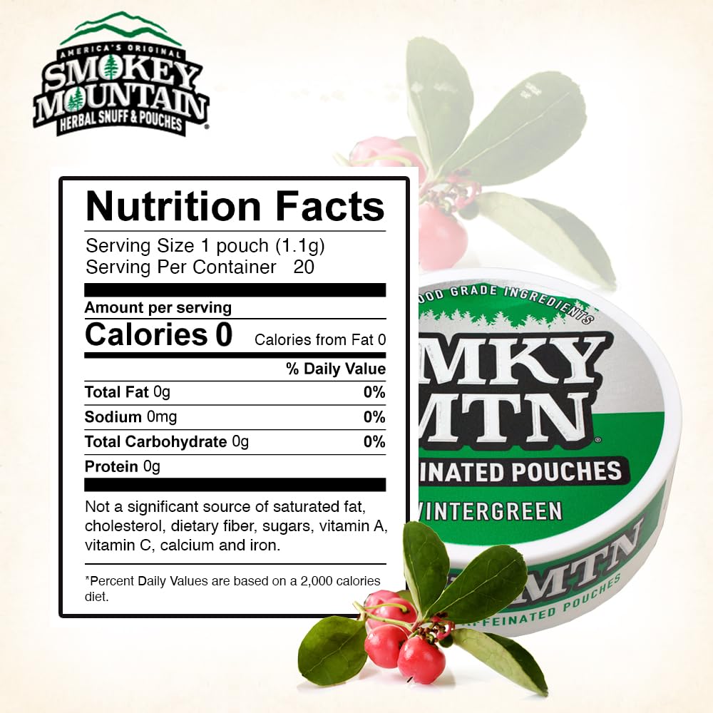 Smokey Mountain spearmint caffeinated pouches offer cool flavor for focus.
