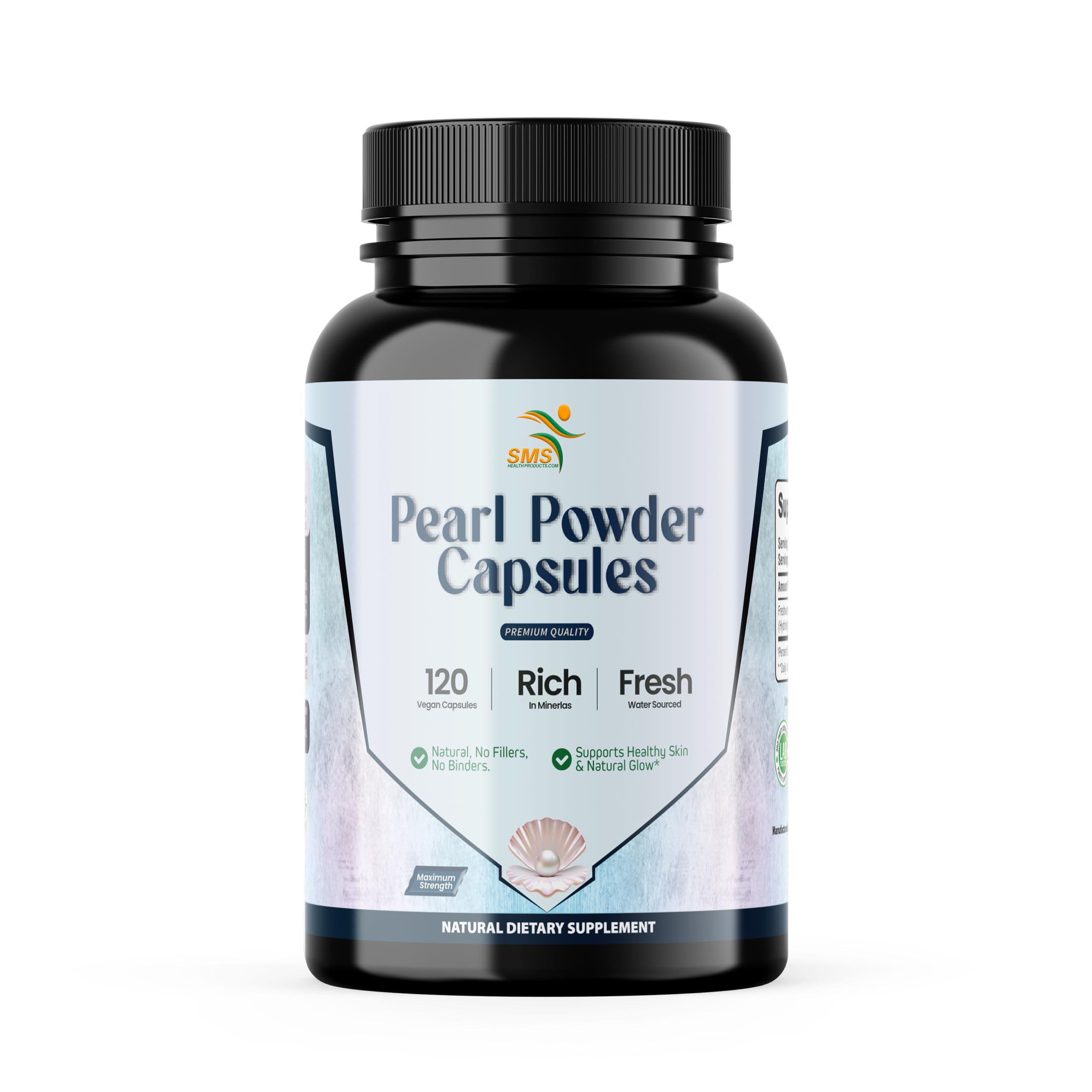 SMSHealthProducts Pearl Powder Capsules packaging highlights vegan, clean-label quality for daily beauty support