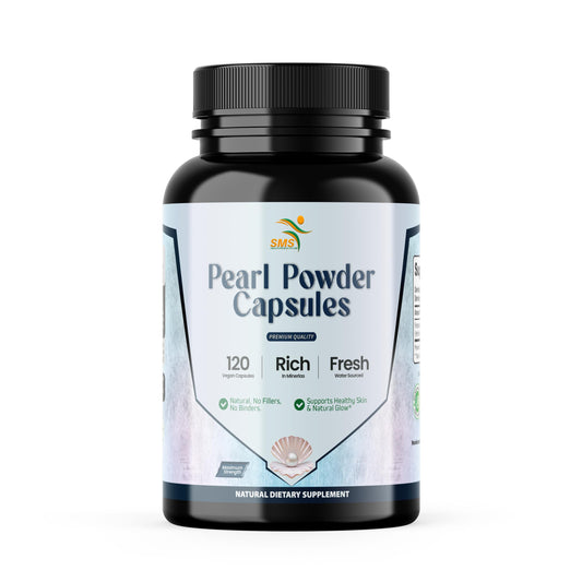 SMSHealthProducts Pearl Powder Capsules packaging highlights vegan, clean-label quality for daily beauty support