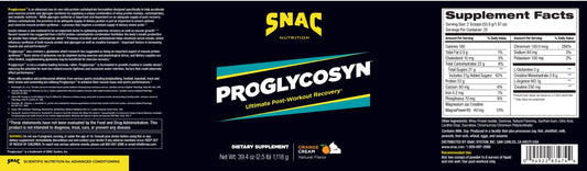 SNAC Proglycosyn ingredients close-up showing dextrose and whey protein for recovery