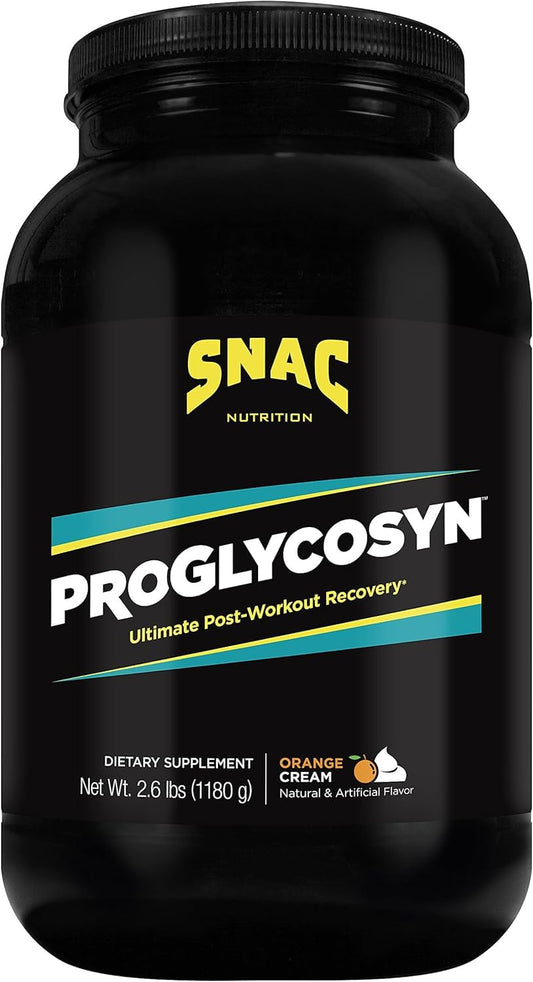 SNAC Proglycosyn Orange Cream tub highlighting post-workout recovery