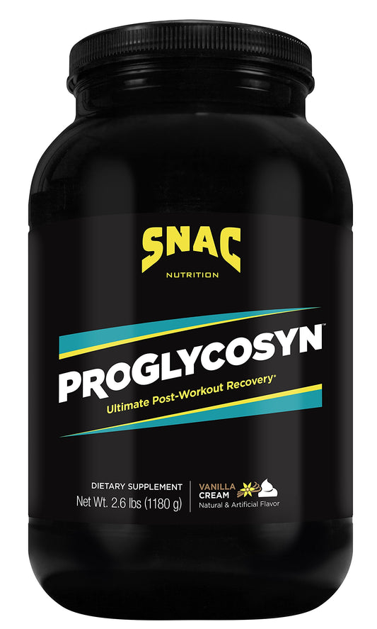SNAC System Proglycosyn Vanilla Cream canister for post-workout recovery and glycogen support.