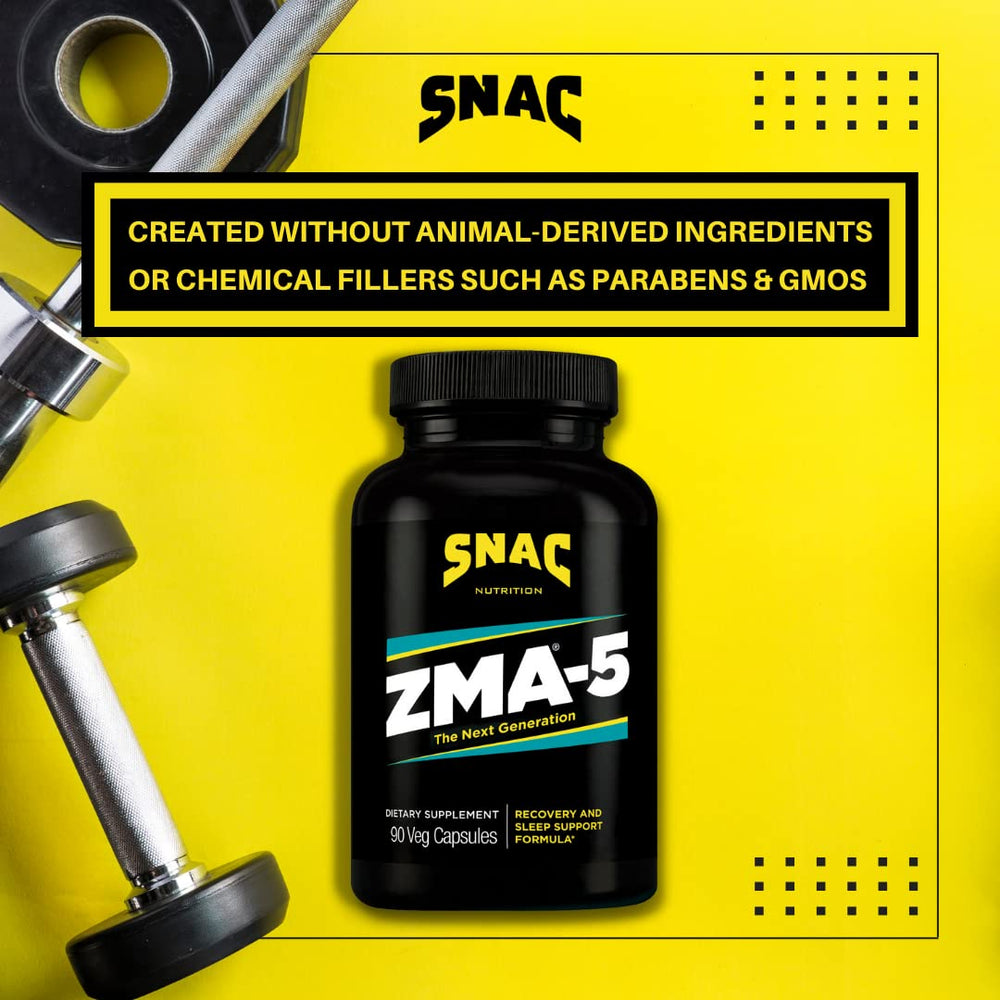 SNAC ZMA-5 recovery after workouts scene implies post-exercise sleep support.