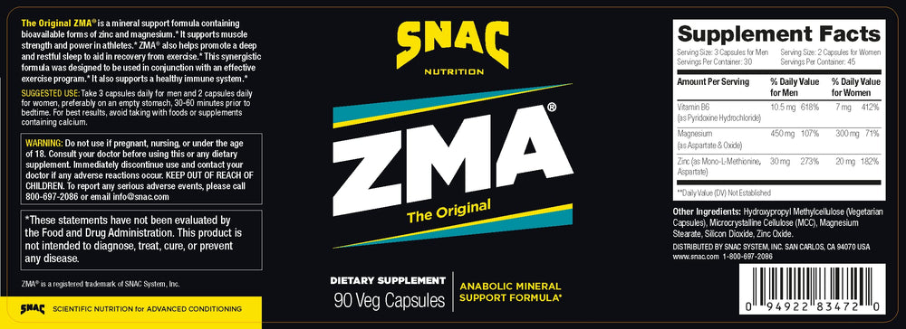 SNAC ZMA Original label close-up shows zinc, magnesium, and B6 blend.