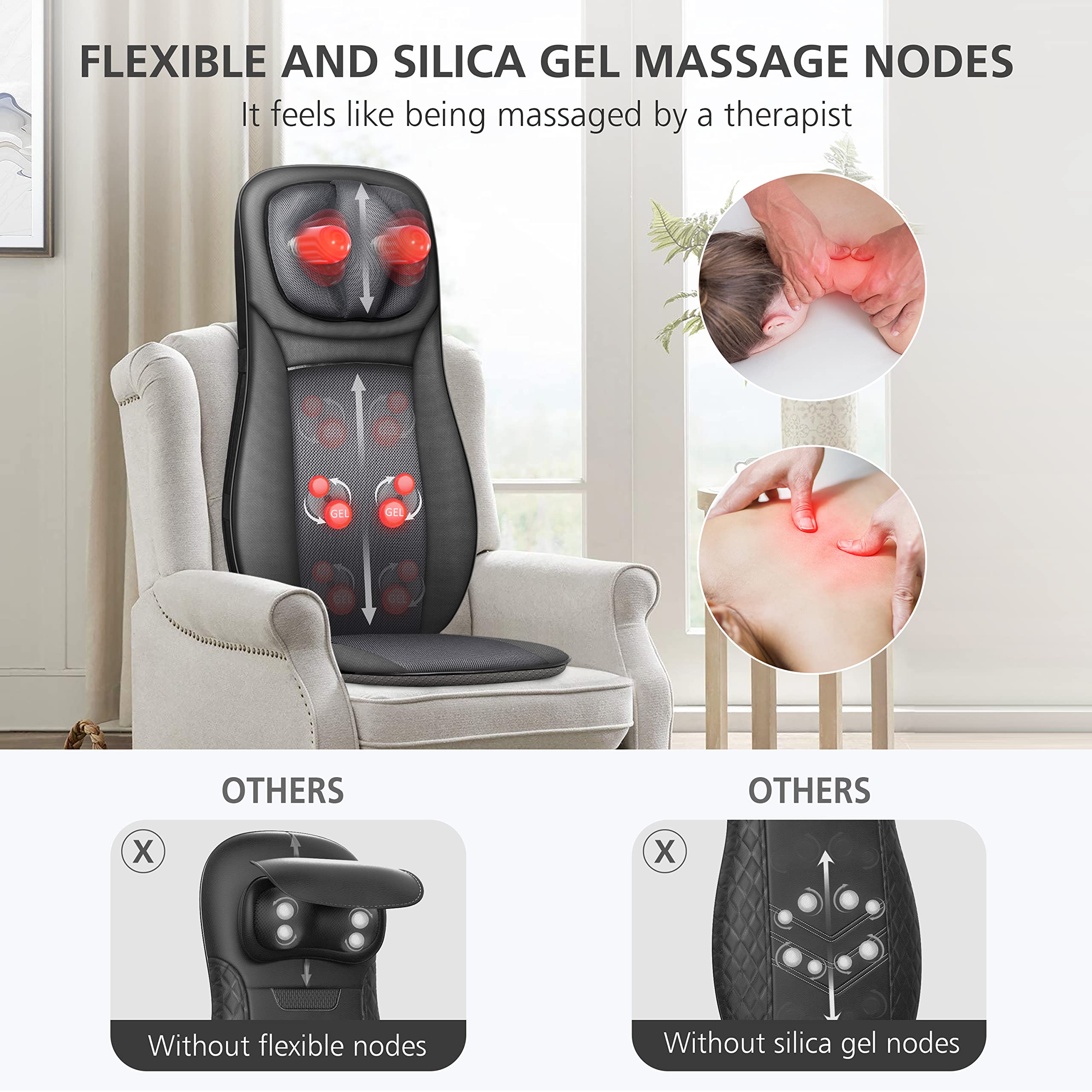 Back massage rollers adjustable in width to fit your frame.