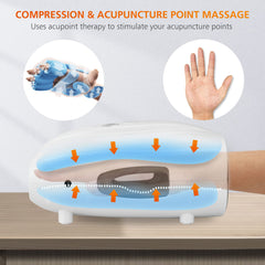Snailax hand massager showing vibration and heat for muscle relaxation.