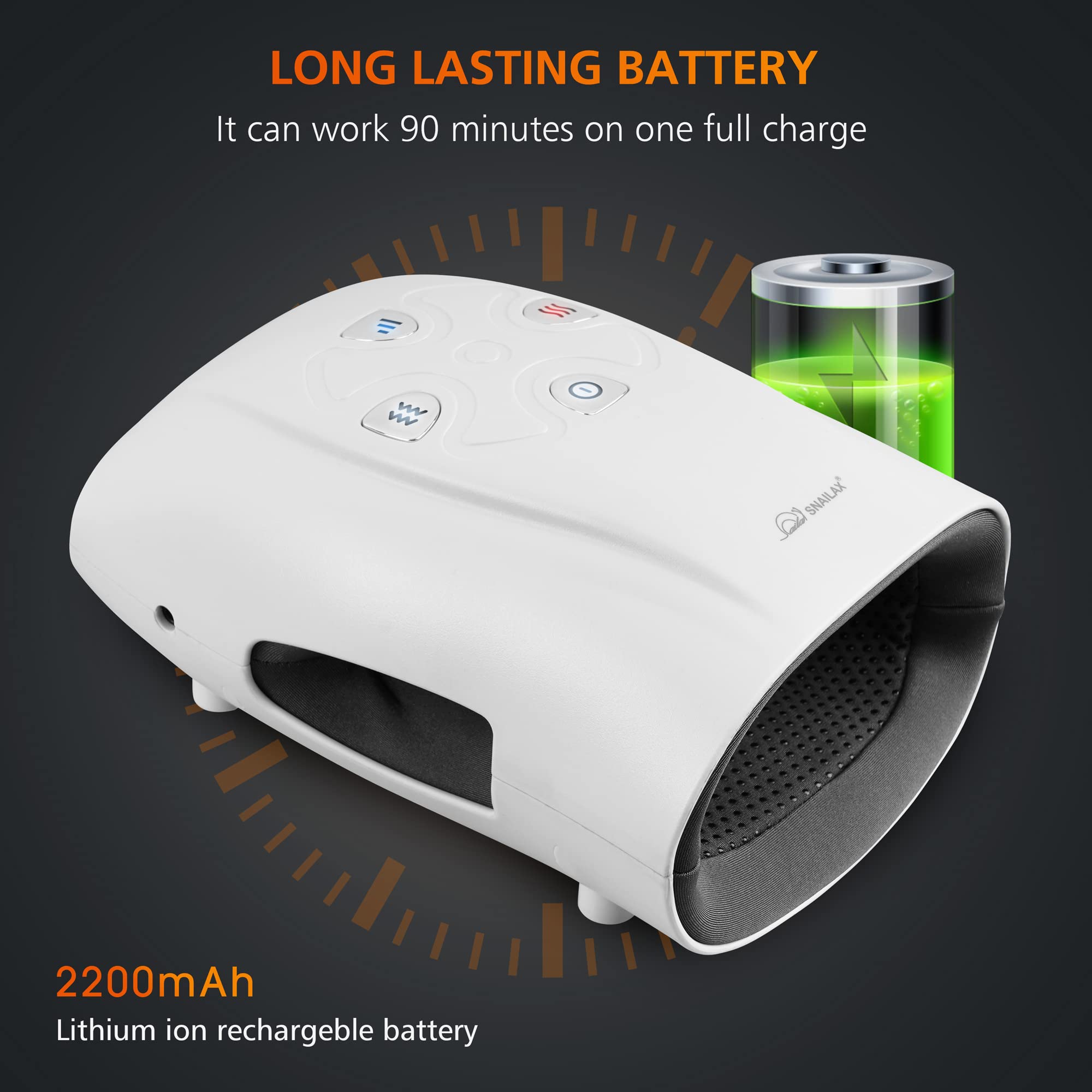 Snailax in-use hand massager on a hand with warm massage effect.