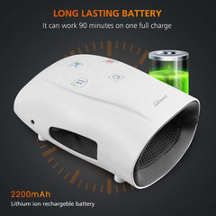 Snailax in-use hand massager on a hand with warm massage effect.