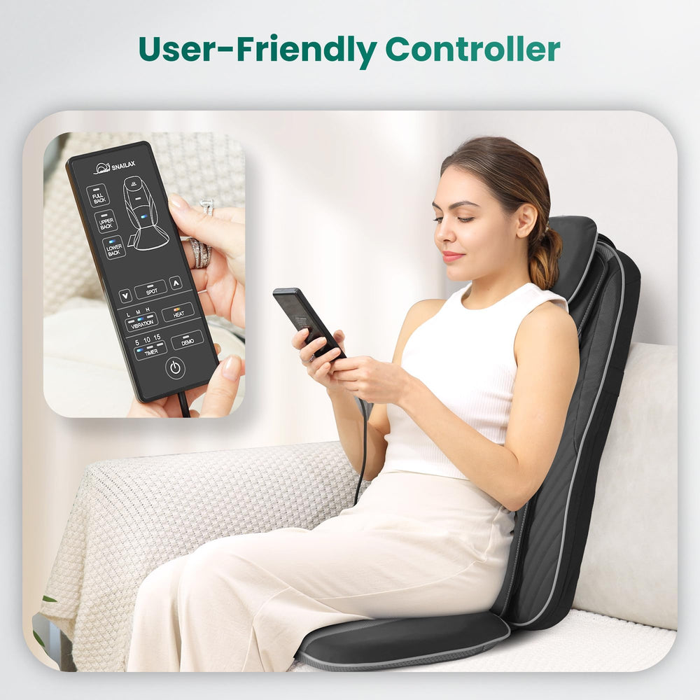 Snailax vibration seat massage shows adjustable intensity for hip and thigh comfort.