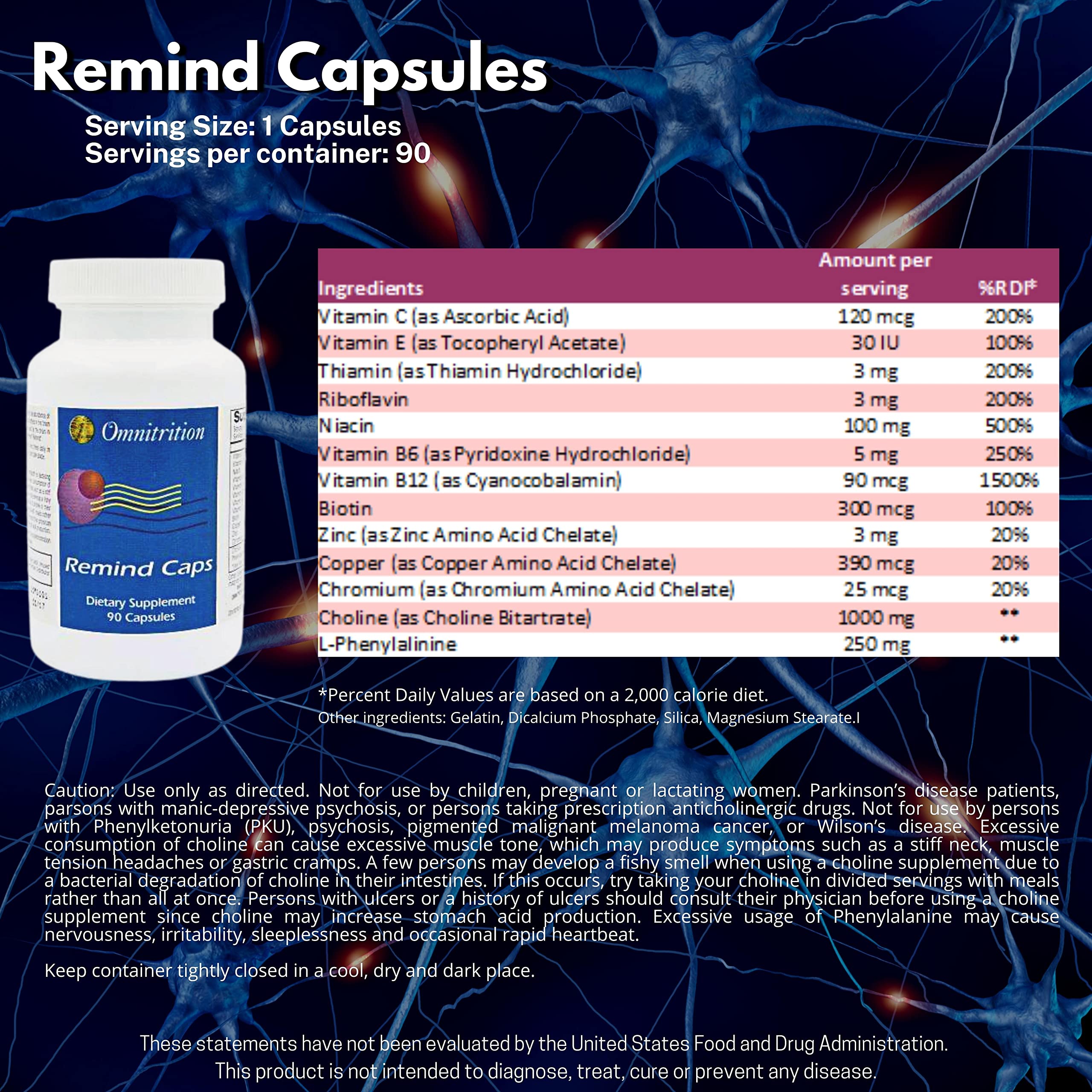 Snana Remind ingredients panel features choline and B vitamins for neural support.