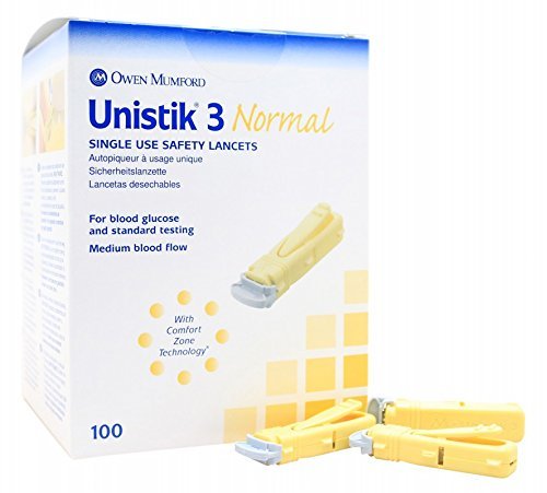 Snana Unistik 3 medium flow safety lancet showing 23G needle and 1.8 mm depth for safer sampling