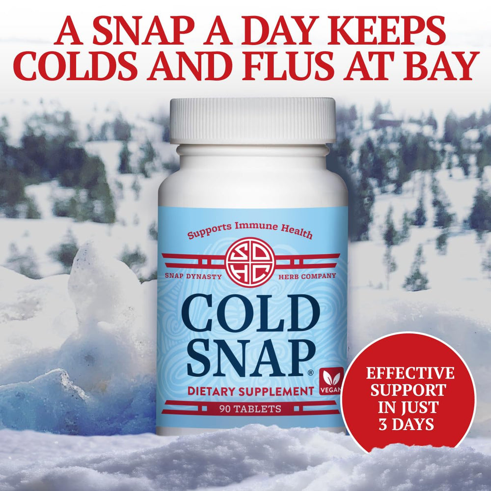 Snap Dynasty Cold Snap ingredient label shows twenty herbs for immune balance.