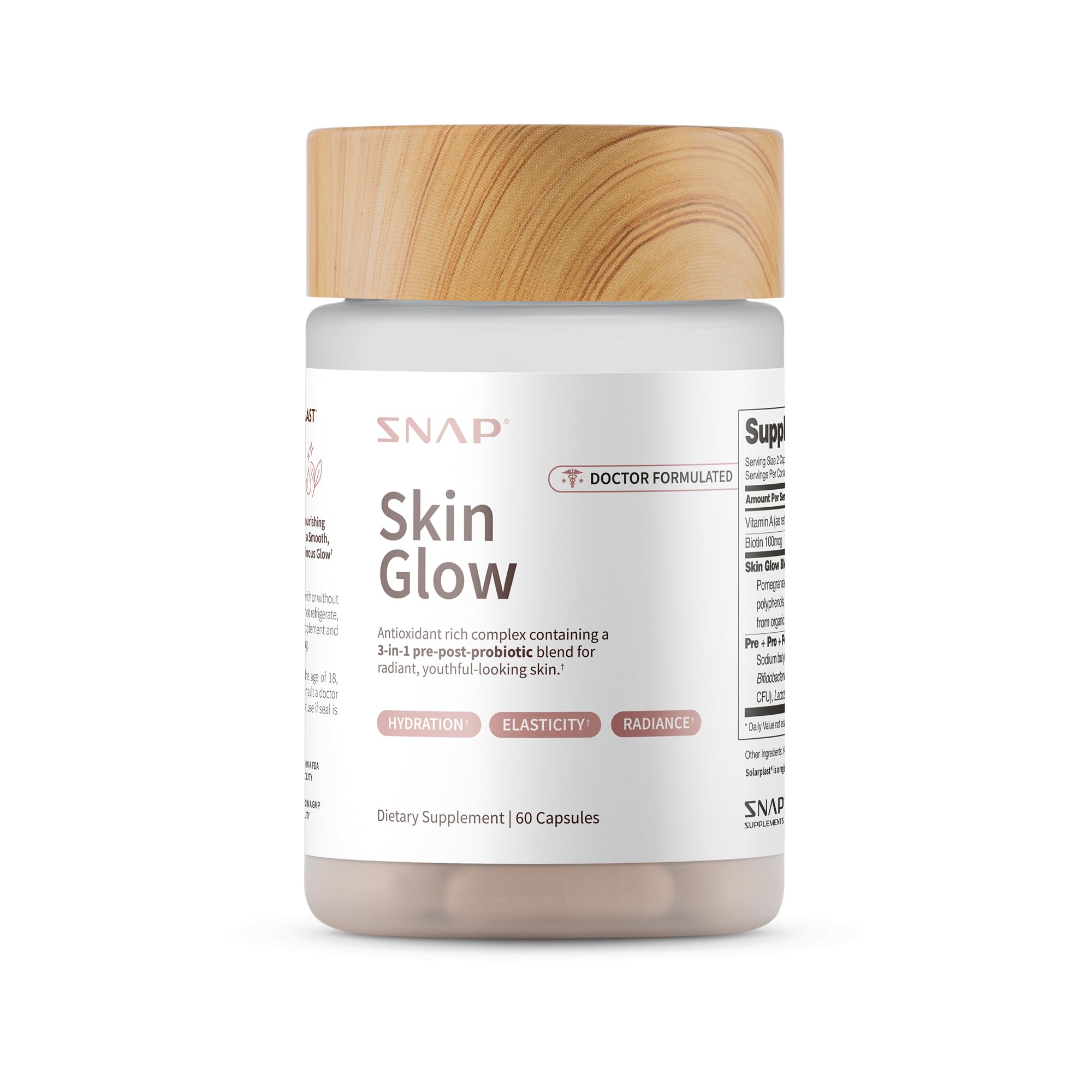 Snap Skin Glow bottle close-up with 60 capsules for skin and gut support.
