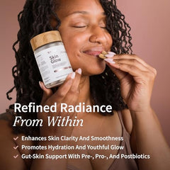 Close-up of Snap Skin Glow label highlighting spinach extract and vegan formula.