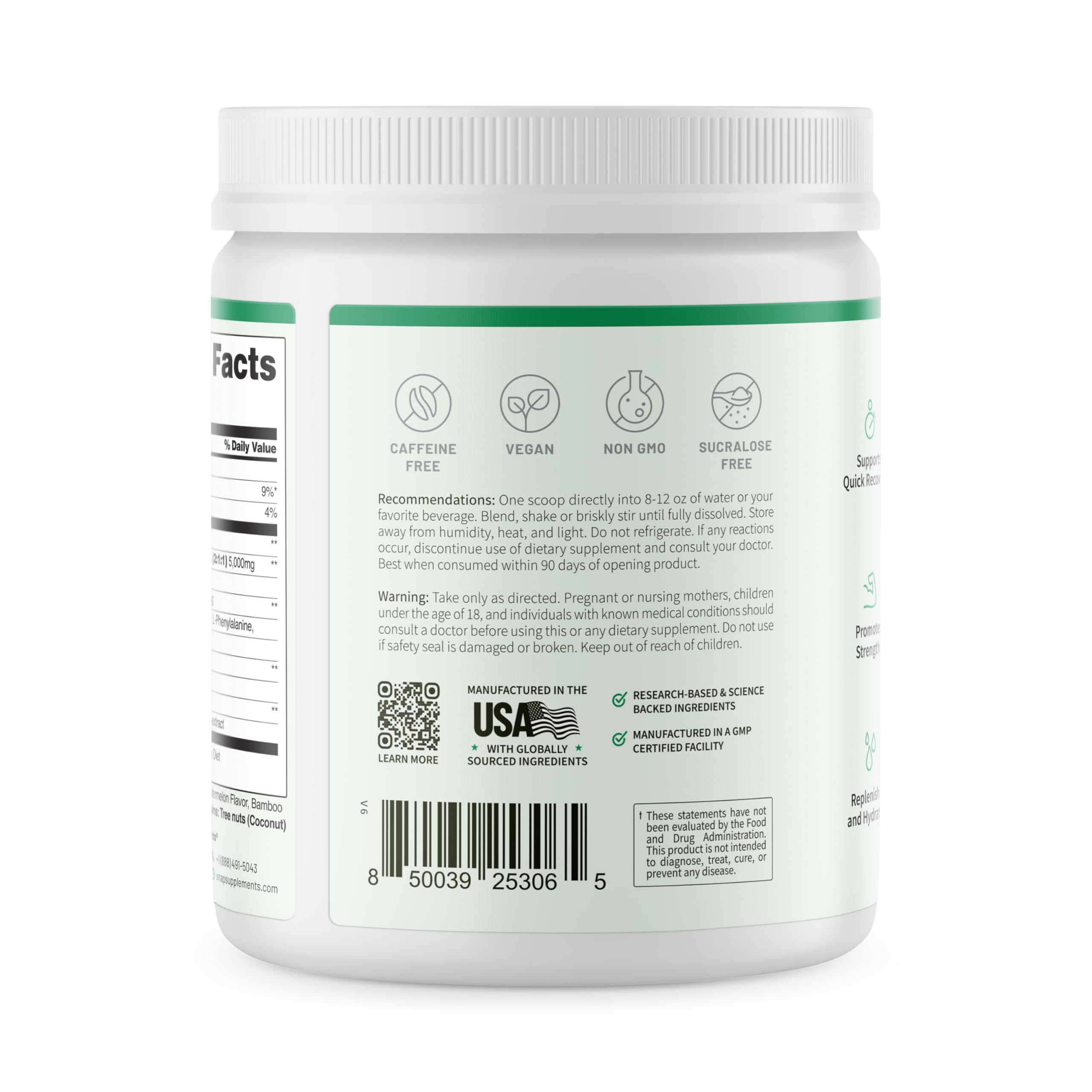 Allergen note indicating coconut in a vegan Snap BCAA formula.