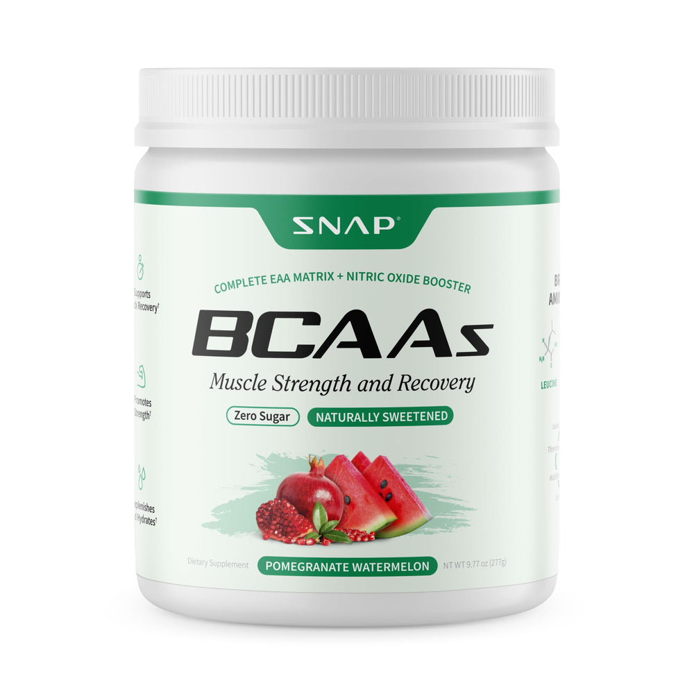 Snap Supplements BCAA powder bottle with pomegranate watermelon flavor for pre-workout support.