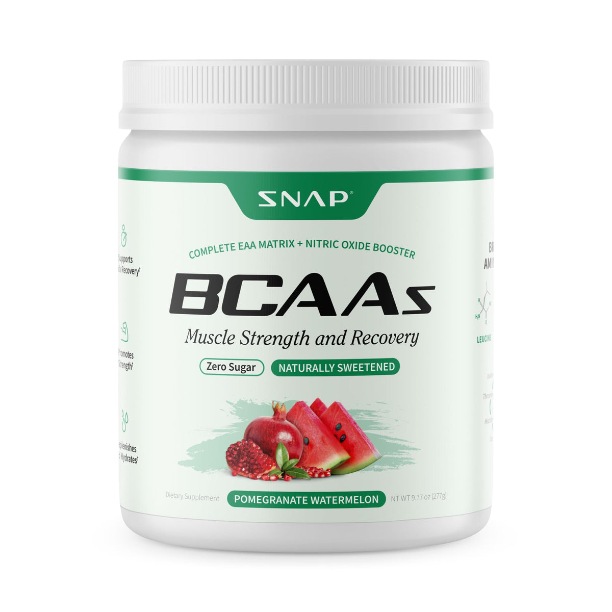 Snap Supplements BCAA powder bottle with pomegranate watermelon flavor for pre-workout support.