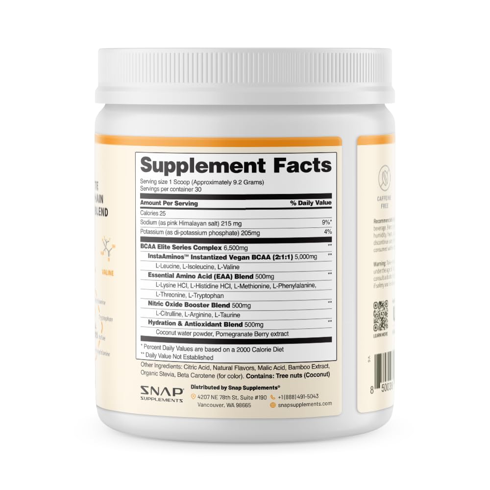 Snap Supplements BCAA Powder tub back view for product details
