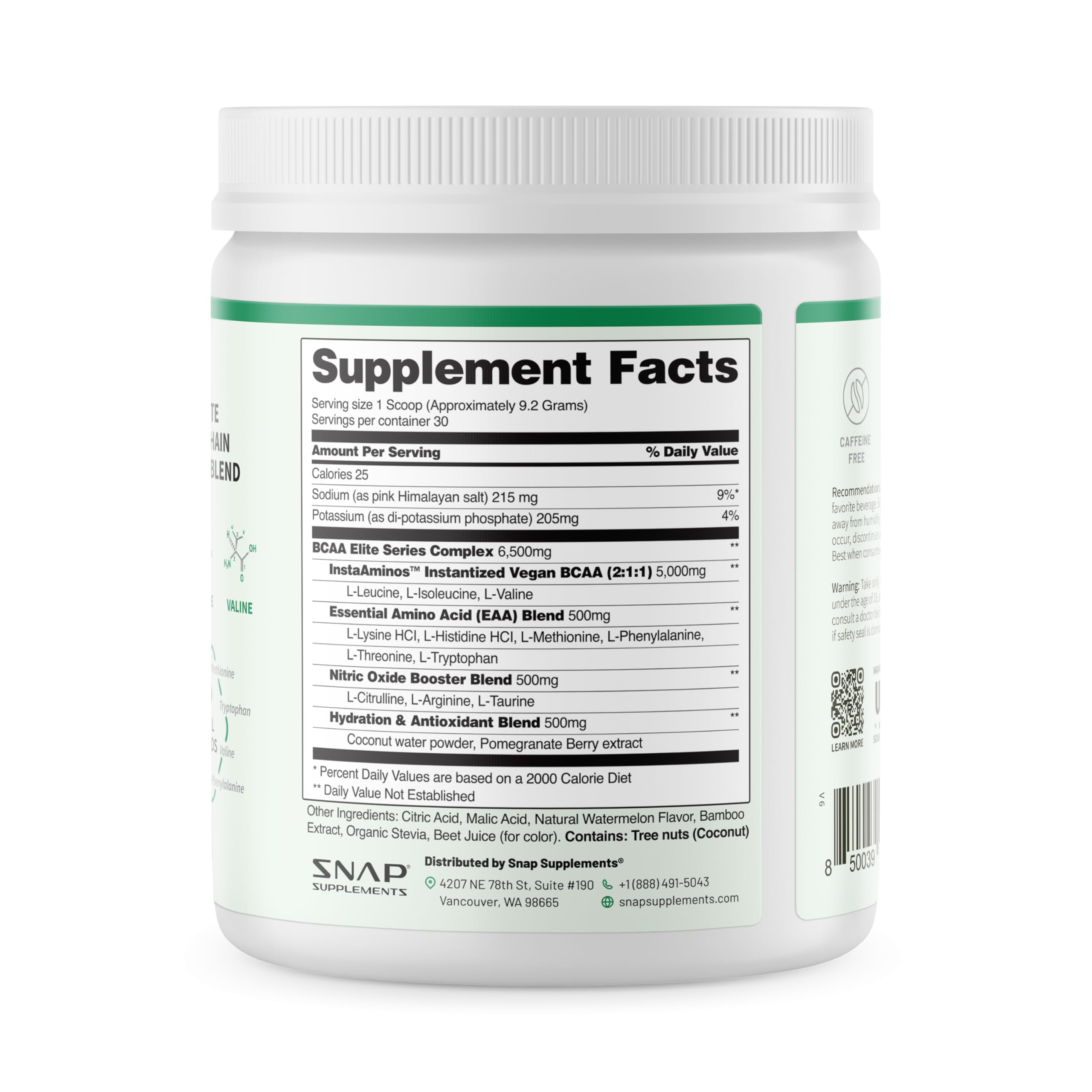 Zero sugar and low calories label on Snap BCAA packaging.