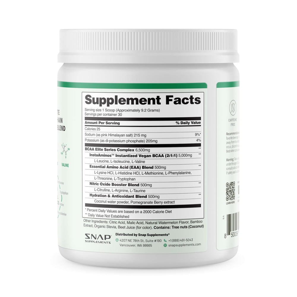 Zero sugar and low calories label on Snap BCAA packaging.