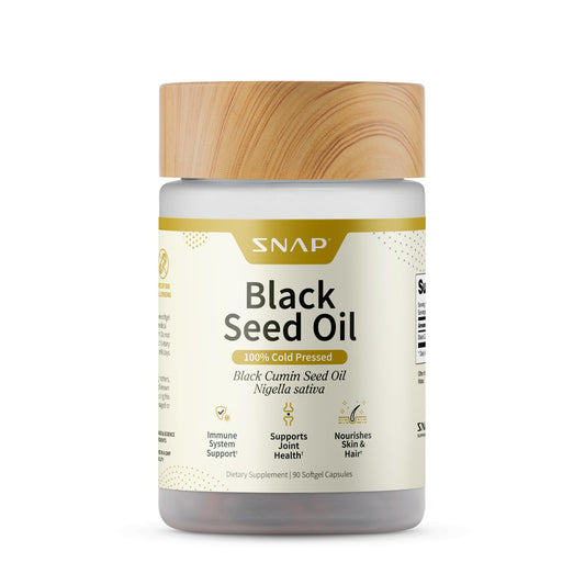 Snap Supplements Black Seed Oil bottle with premium cold-pressed oil for immune support.